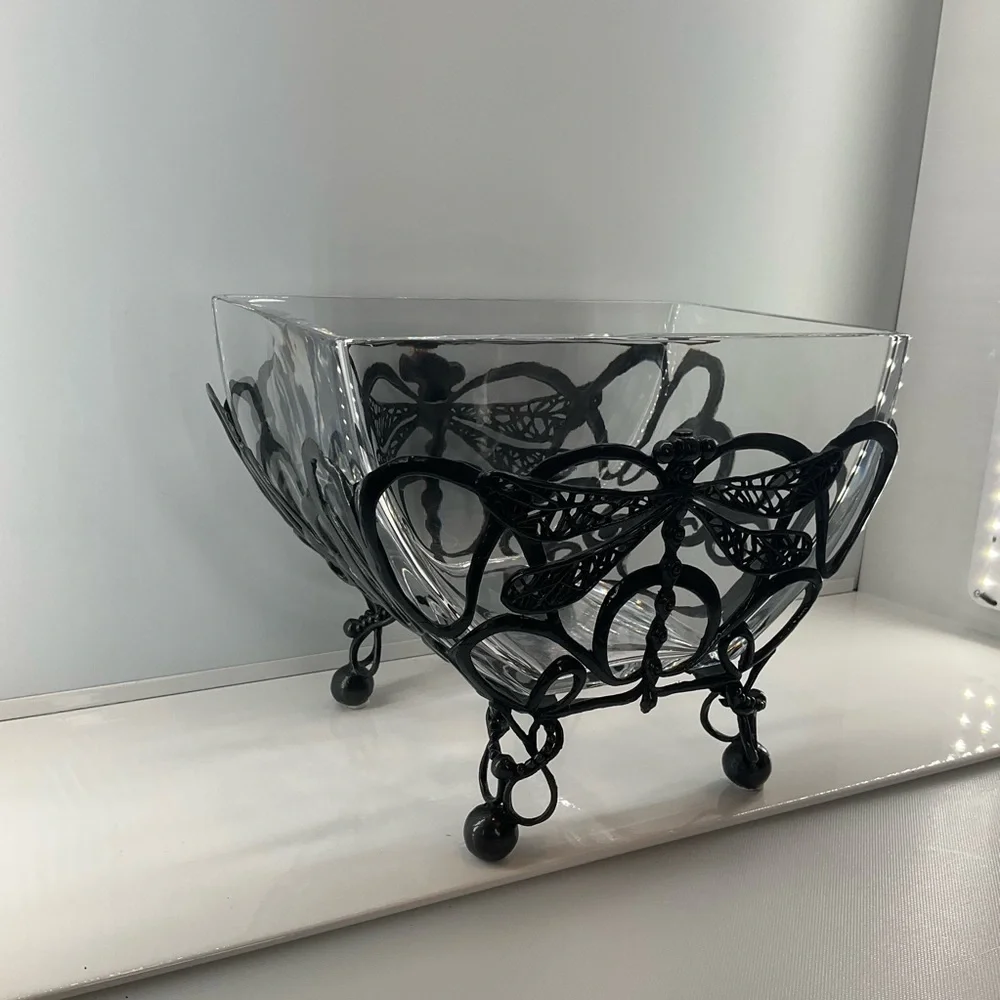 CASTILIAN Poland Crystal Bowl & Dragonfly Hefty Centerpiece 2 Pieces RARE!